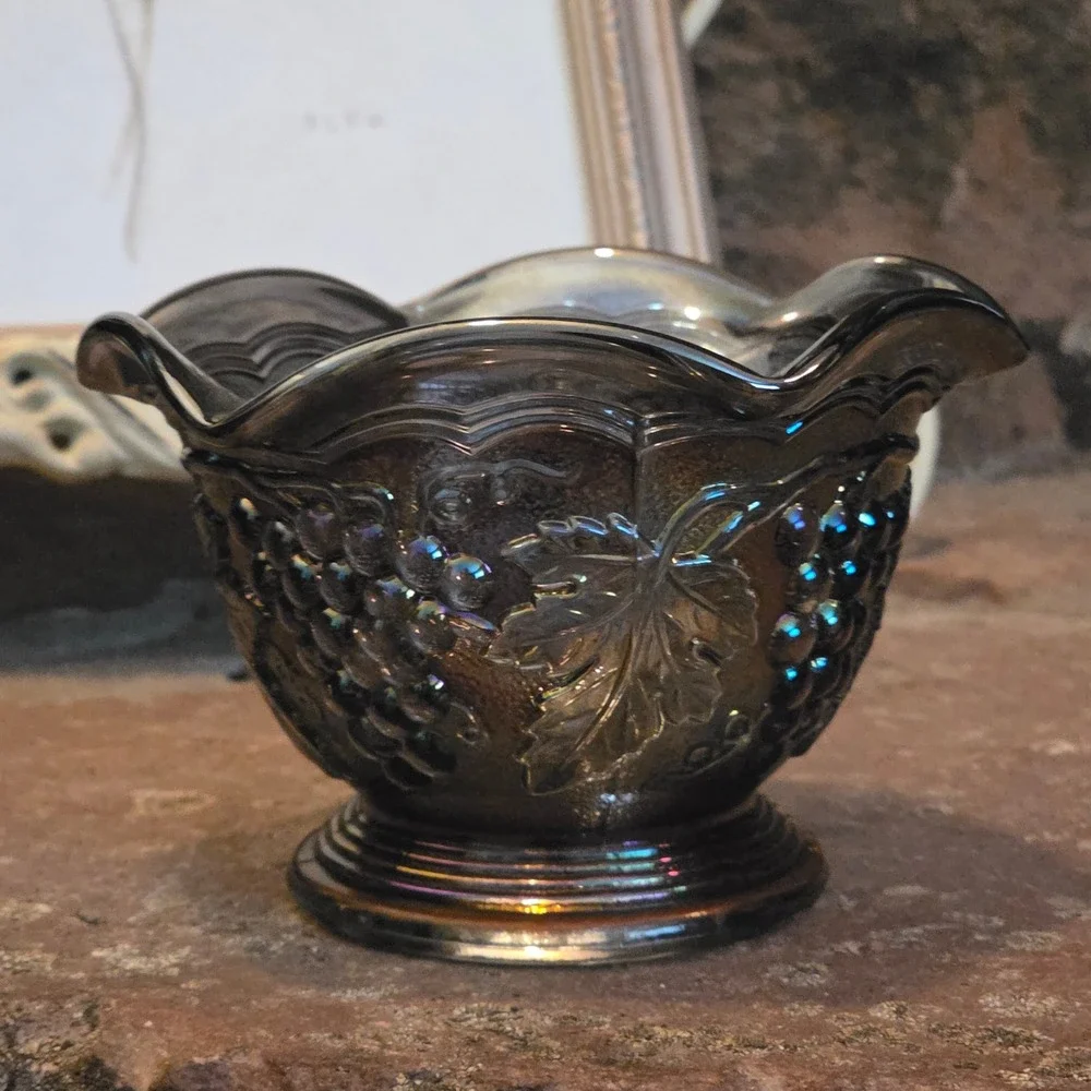 Imperial Carnival Glass Amethyst Grape and Cable Ruffled pedestal stippled bowl